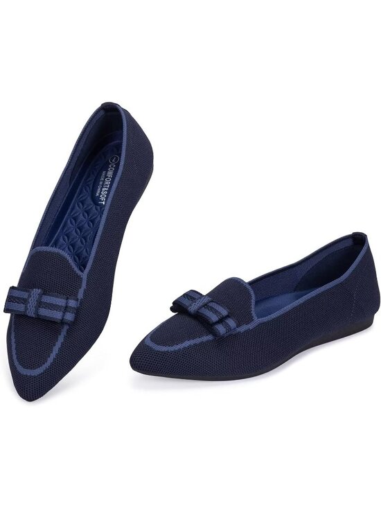 Shoes - Women's Dark Blue Elegant Pointed Toe Fabric Lace Up Washable Loafer Flat Shoes